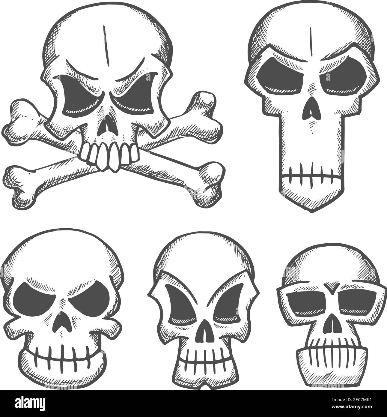 Skulls and craniums with crossbones icons. Vector pencil sketch emblems for cartoon, label, tattoo, halloween decoration Stock Vector
