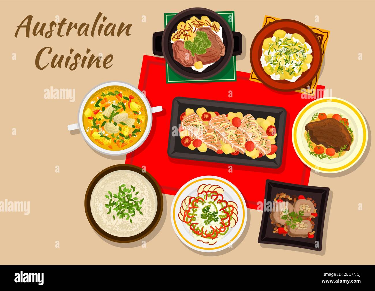 Australian cuisine dinner icon with baked salmon, beef steak, chicken cream soup with almond, beef rolls with nuts, potato salad, fruit and vegetable Stock Vector