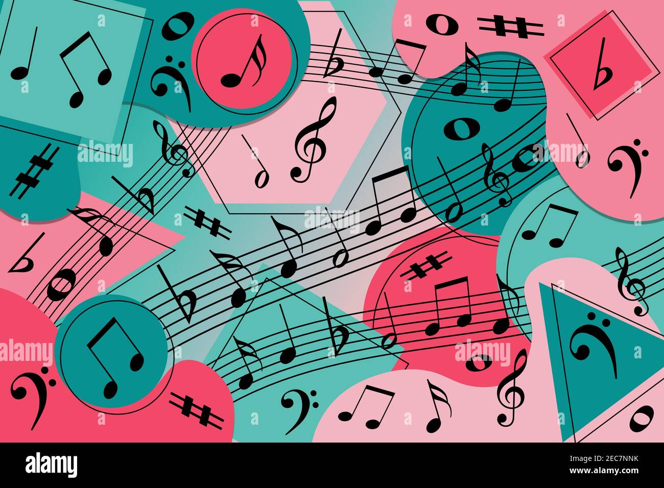 Memphis Notes Memphis style illustration of black musical notes on a pink and green ...