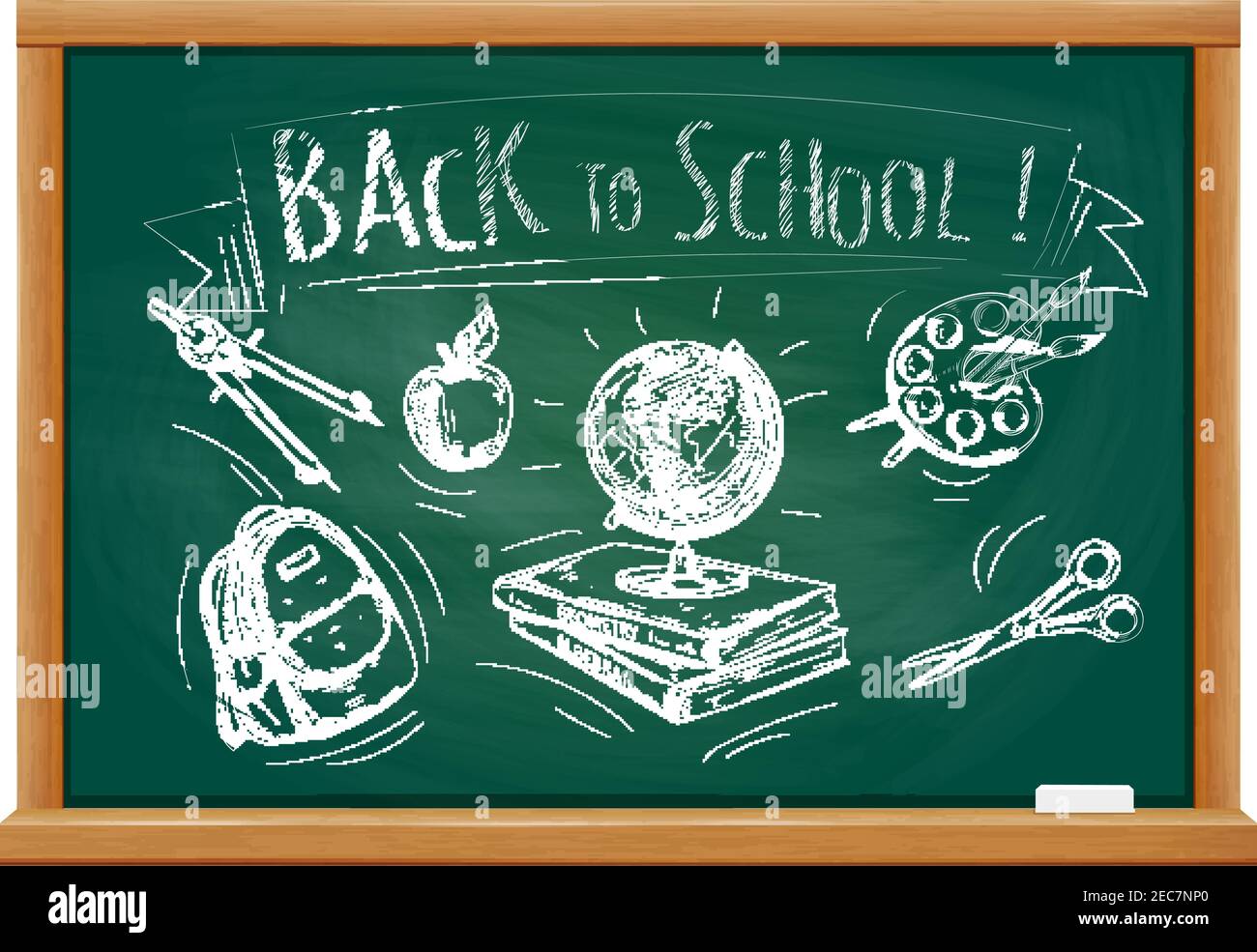 Back to School welcome banner with green blackboard and chalk doodle sketch icons of school supplies compass, apple, backpack, rucksack, globe, books, Stock Vector