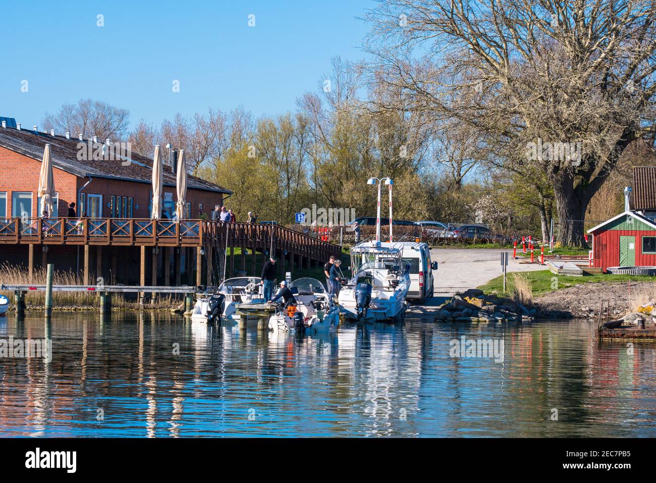 Klintholm Havn, Denmark - May 5. 2018: small leisure fishing boats in Port of Klintholm havn in Denmark Stock Photo