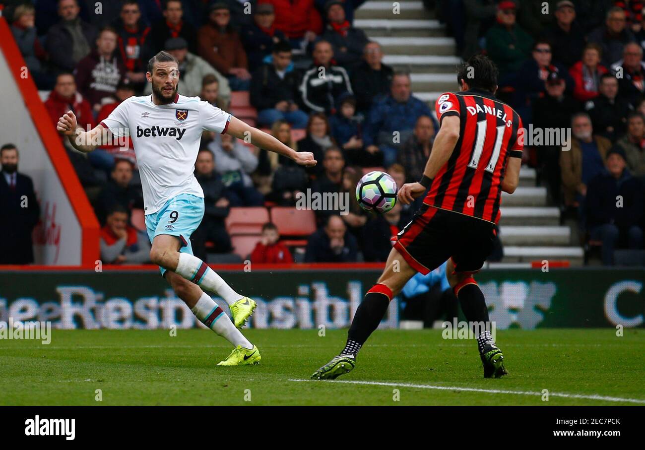 Britain Football Soccer - AFC Bournemouth v West Ham United - Premier League - Vitality Stadium - 11/3/17 West Ham United's Andy Carroll looks on as the ball appears to strike the hand of Bournemouth's Charlie Daniels however a penalty is not awarded Action Images via Reuters / Peter Cziborra Livepic EDITORIAL USE ONLY. No use with unauthorized audio, video, data, fixture lists, club/league logos or 'live' services. Online in-match use limited to 45 images, no video emulation. No use in betting, games or single club/league/player publications.  Please contact your account representative for fu Stock Photo