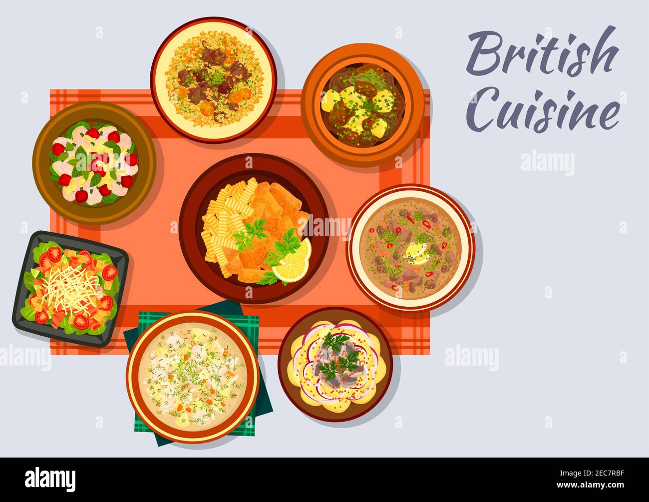 British cuisine sign with fish and fries, bacon, lettuce and tomato salad, irish vegetable stew, lamb with bread sauce, chicken cherry salad, irish fi Stock Vector