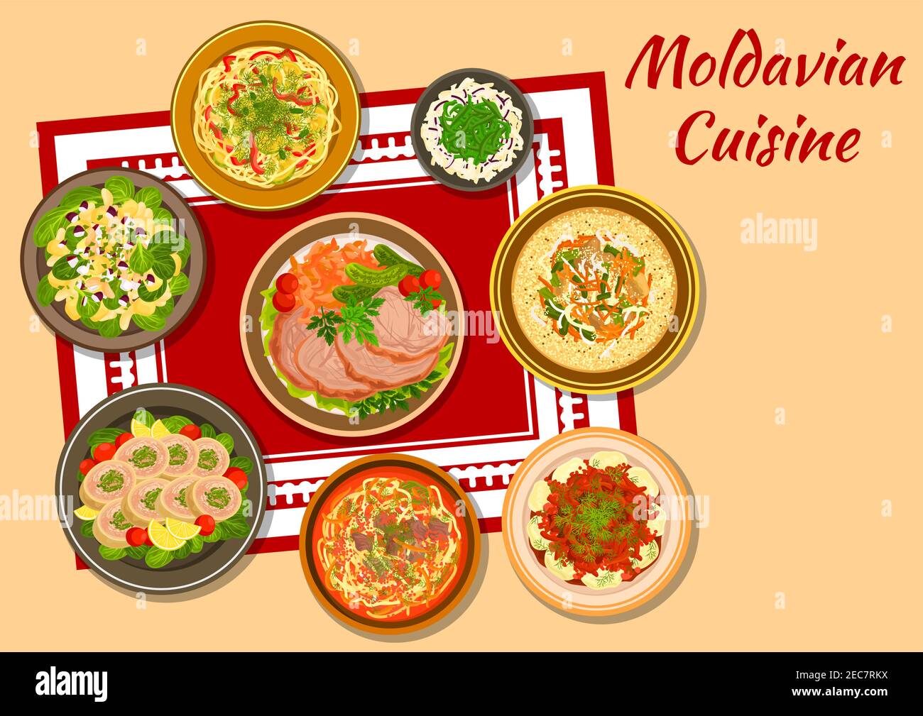 Moldavian cuisine dinner sign with dumplings with chicken stew, baked pork with pickles, goose noodle soup, stuffed chicken roll, potato salad, chicke Stock Vector