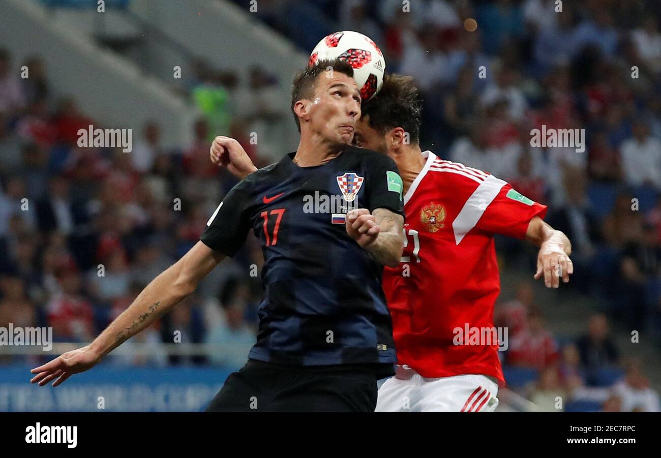Soccer Football World Cup Quarter Final Russia Vs Croatia Fisht Stadium Sochi Russia July 7 2018 Croatia S Mario Mandzukic In Action With Russia S Aleksandr Yerokhin Reuters Maxim Shemetov Stock Photo Alamy
