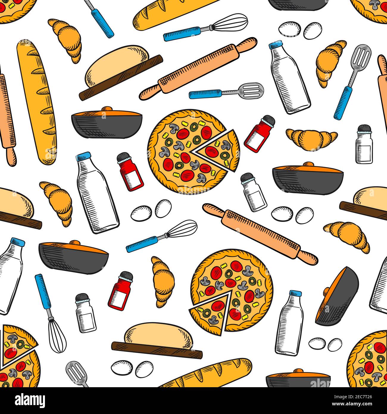 Cooking and kitchen utensils seamless background. Wallpaper with vector  pattern icons of pizza, bread bagel, croissant, salt, pepper, rolling pin,  whi Stock Vector Image & Art - Alamy