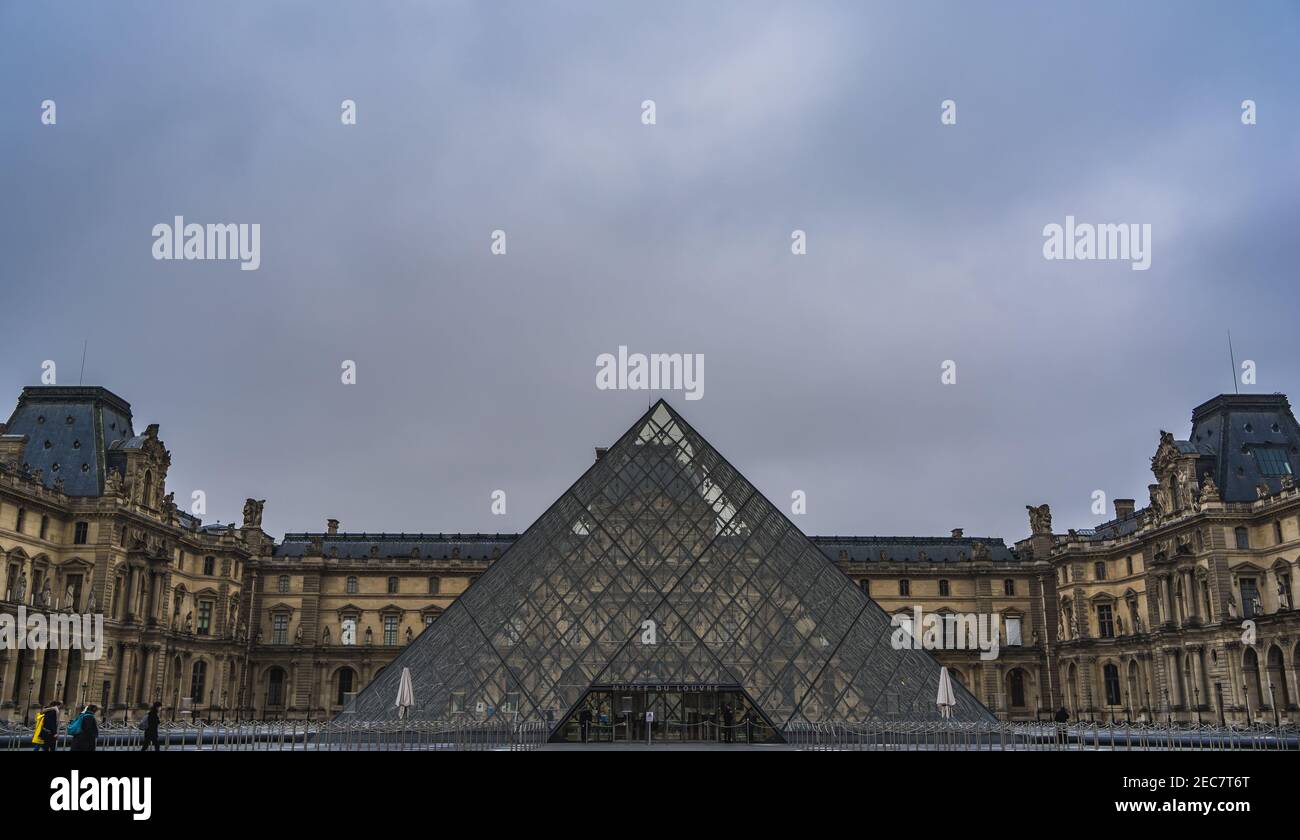 The Louvre Museum (Musée du Louvre) in Paris, France, the world's largest art museum - black and white. Stock Photo