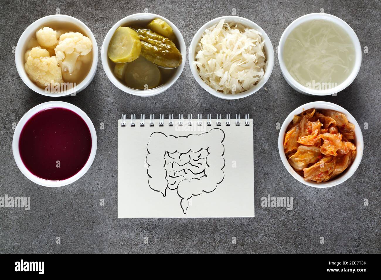 Natural probiotics for healthy bowel. Probiotic as sauerkraut, pickled cauliflower, pickled