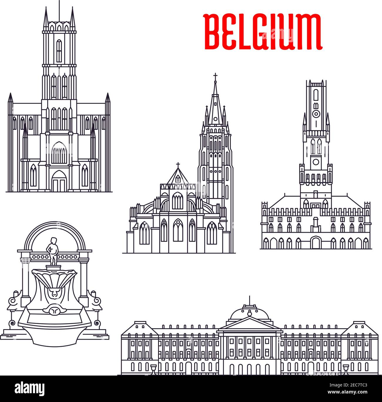 Famous historic buildings of Belgium. Thin line icons of Manneken Pis, Royal Palace, Belfry of Bruges, Church of Our Lady, St Bavo Cathedral. Belgian Stock Vector