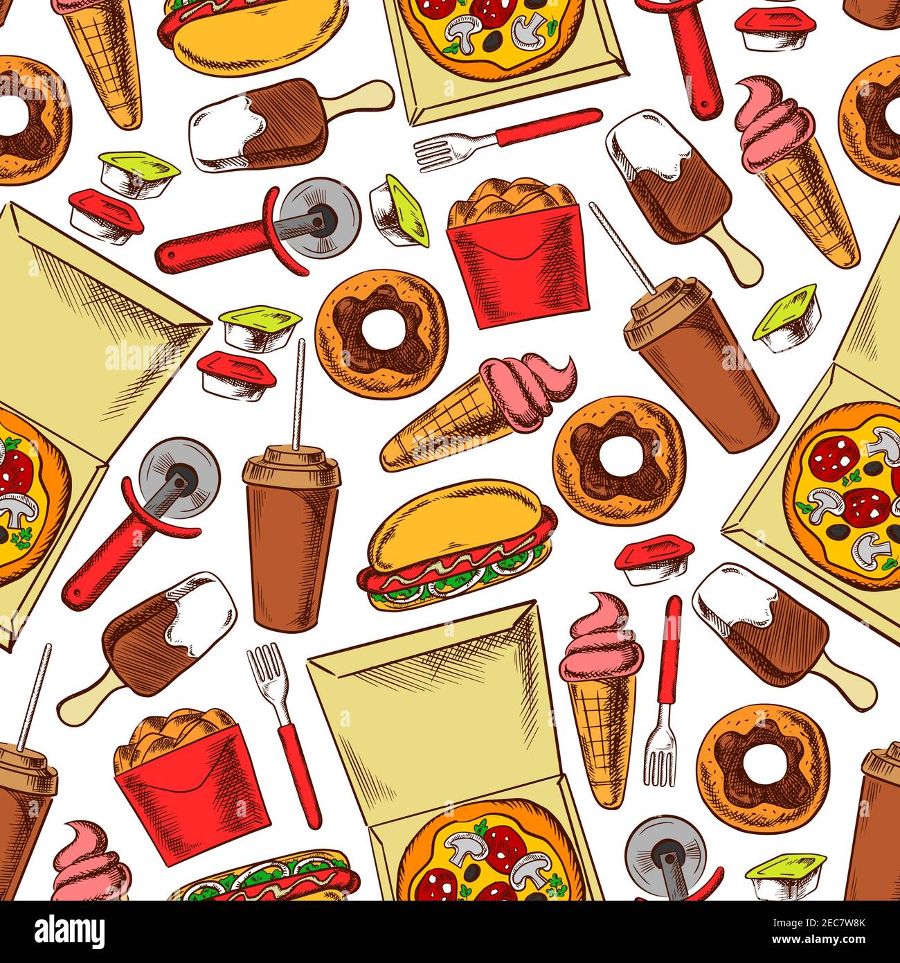 Fast food snacks, drinks and desserts. Seamless pattern background
