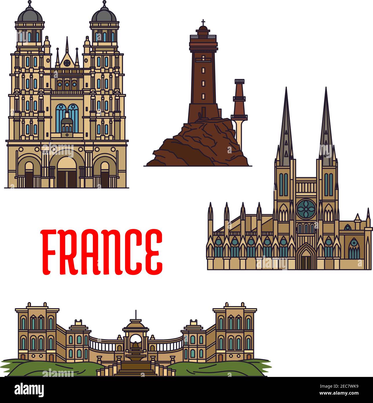 French travel landmarks icon with thin line roman catholic Cathedral of  Saint Andrew and Church of Saint Michel, iconic La Vieille lighthouse and  Pala Stock Vector Image & Art - Alamy