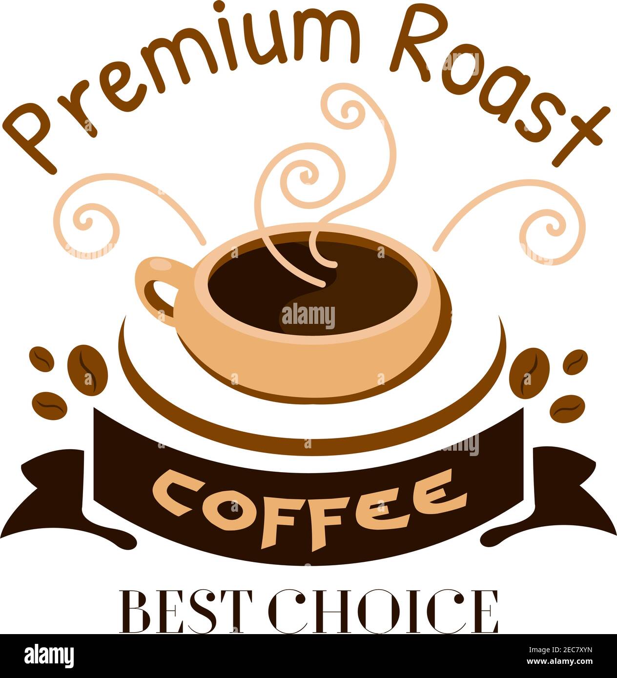 Cafe menu icon. Stylized hot coffee cup with steam and coffee beans