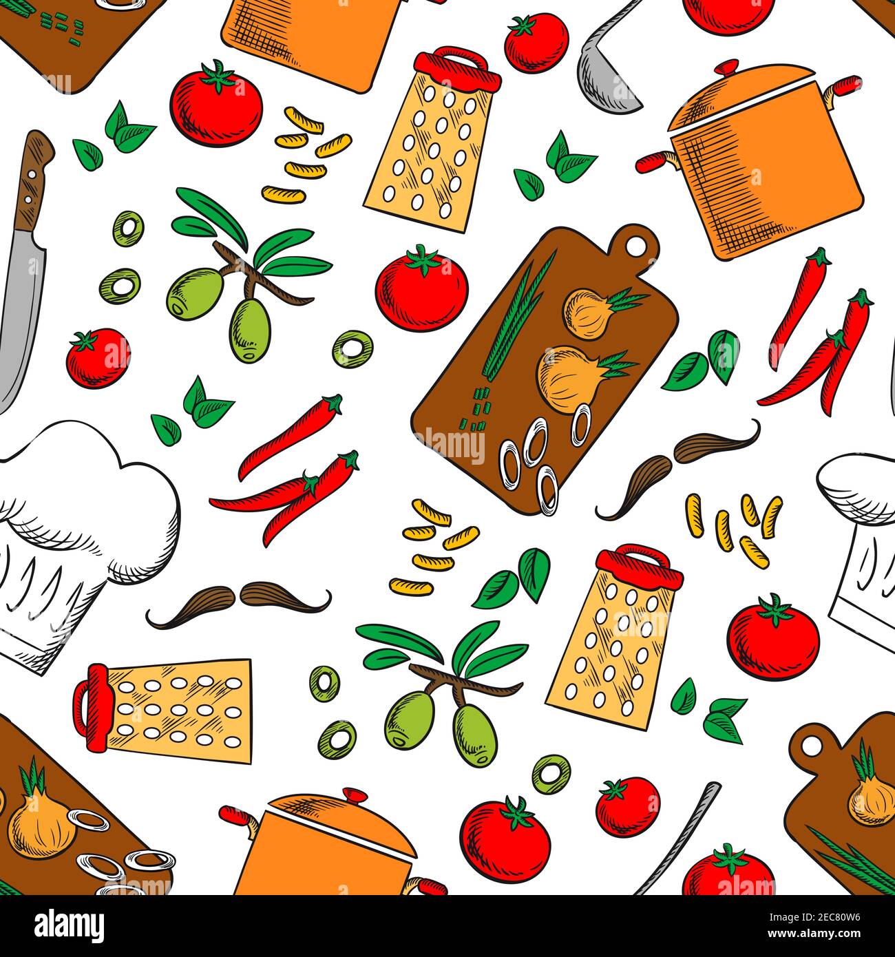 Cooking products and kitchen utensils seamless background. Wallpaper with  vector pattern icons of pepper, tomato, olives, saucepan, sliced onion,  knif Stock Vector Image & Art - Alamy