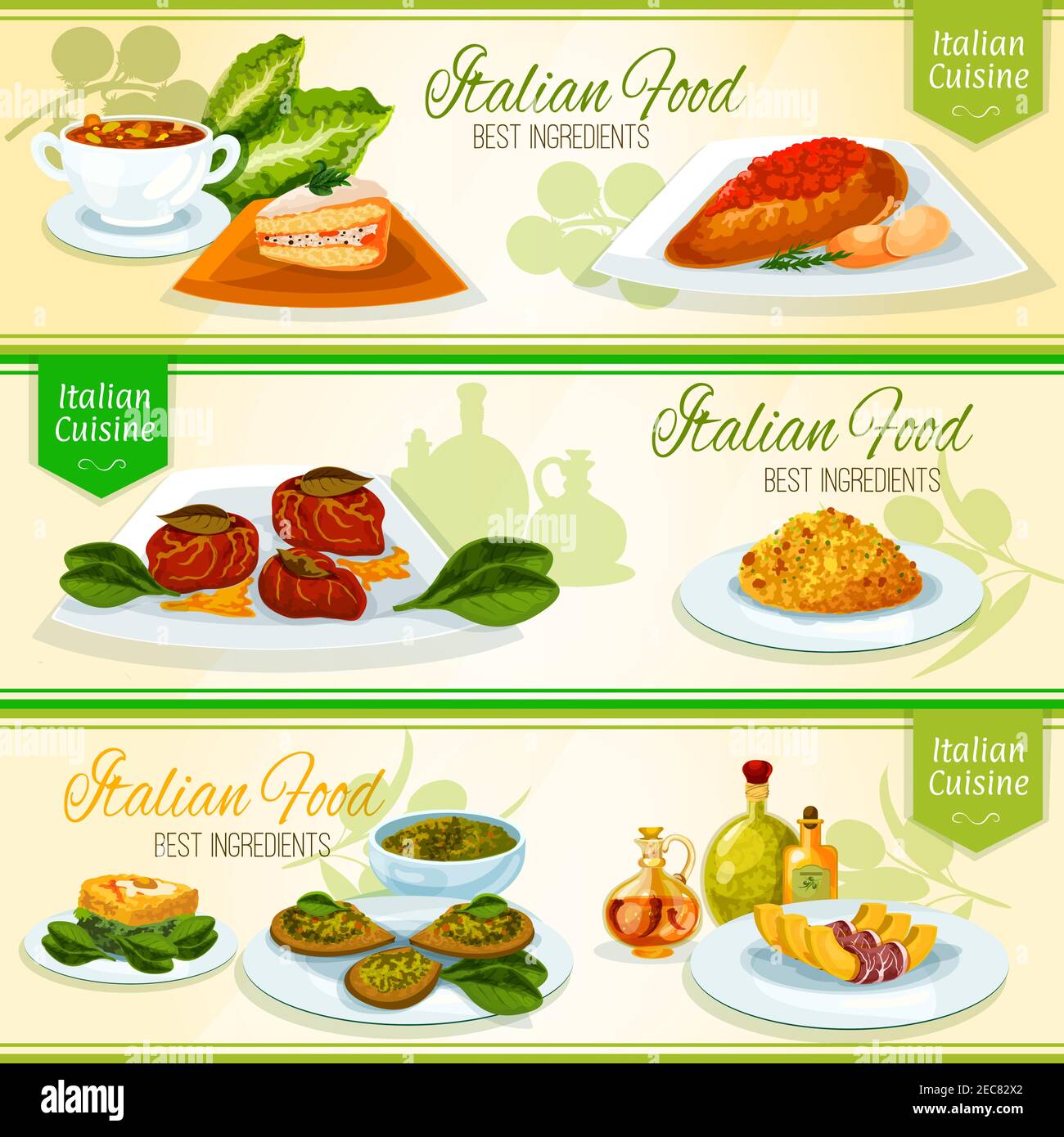 Italian cuisine banners with risotto, basil pesto with crostini, chicken milanese with tomato sauce, beef topped with ham, tuscan bean soup, sicilian Stock Vector