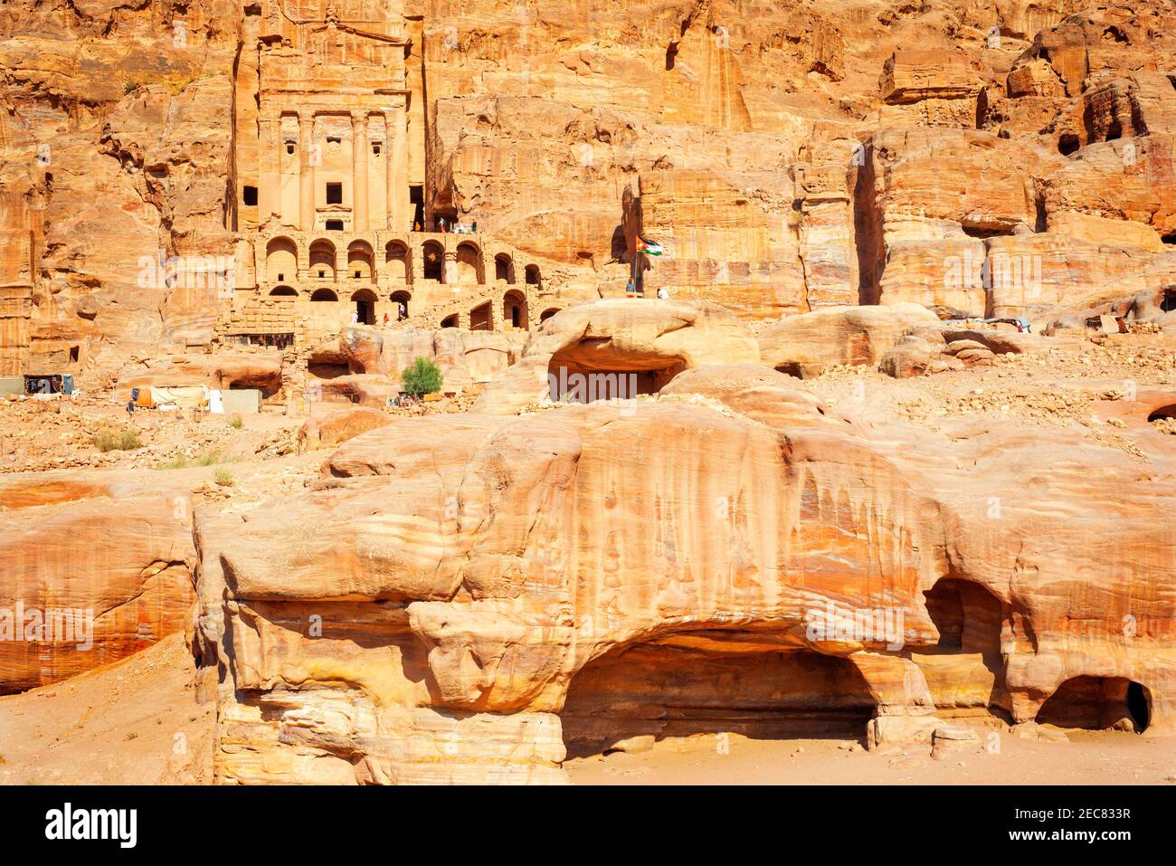 Street of Facades, Tombs of Petra, Jordan. The Corinthian Tomb and the Palace Tomb of the Royal Tombs in the rock city of Petra. The Urn Tomb of the R Stock Photo