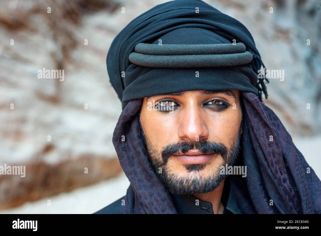 Portrait of a bedouin souvenirs seller at The Treasury, Al Khazneh, at