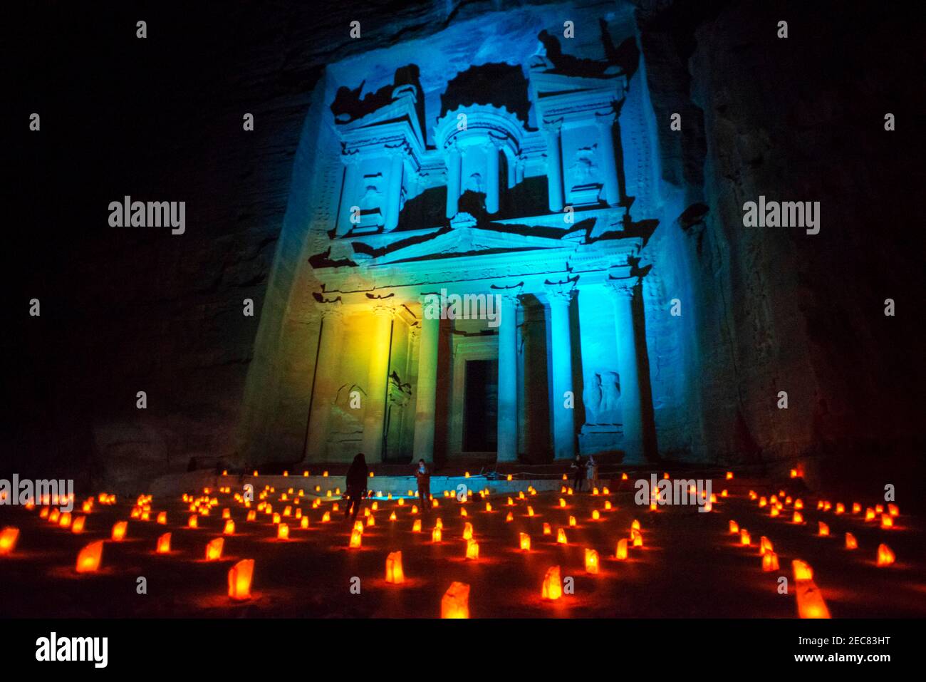 The Treasury, Al Khazneh, at night lit by candles, Petra, Jordan.   Petra is a historical and archaeological city in the southern Jordanian governorat Stock Photo
