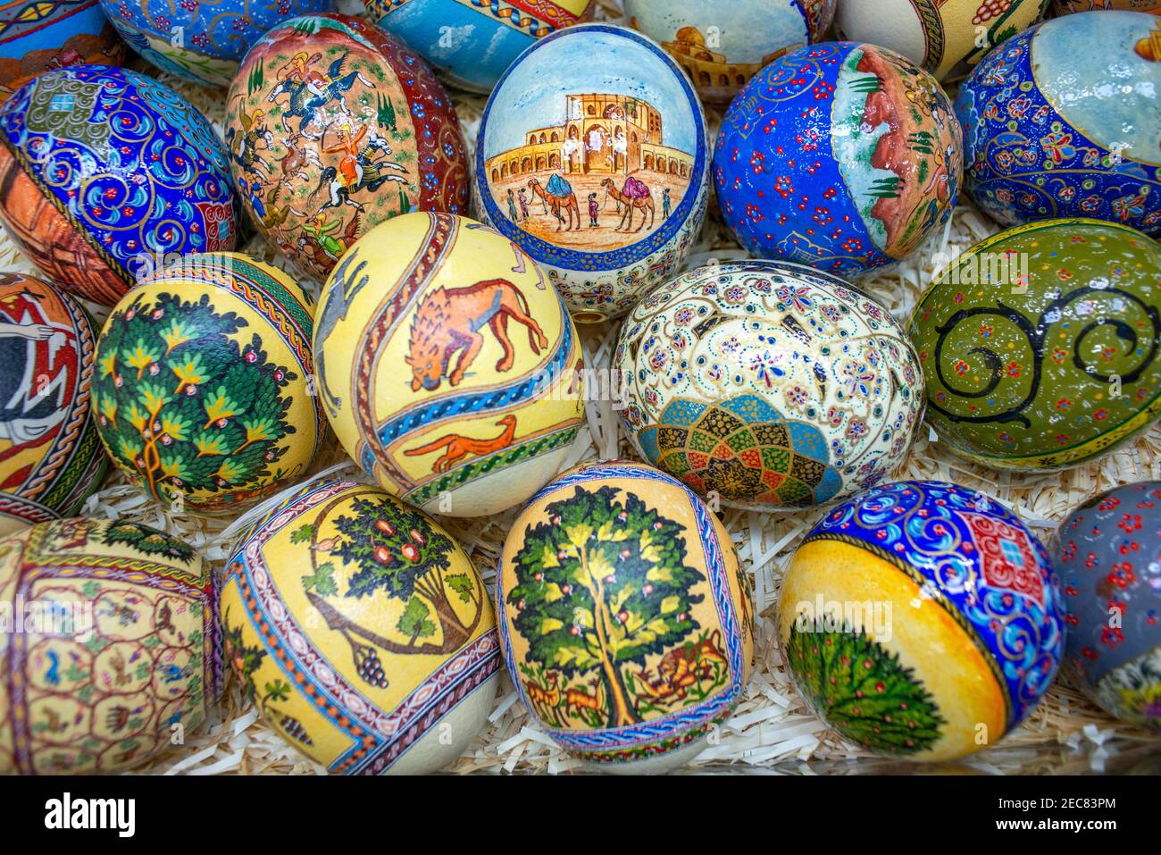 The eggs are covered with fine mosaics on biblical themes. Jordan souvenirs. Asia, Middle East, Jordan, Madaba, mosaic artwork Stock Photo