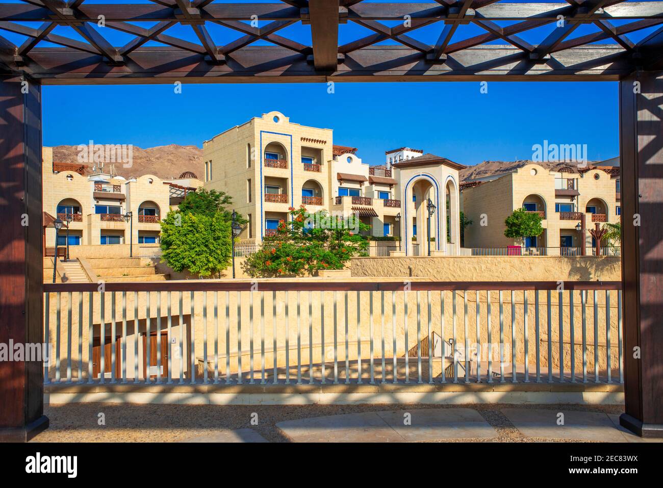 View over the luxurious Crowne Plaza Dead sea hotel in the dead sea, Jordan. Stock Photo