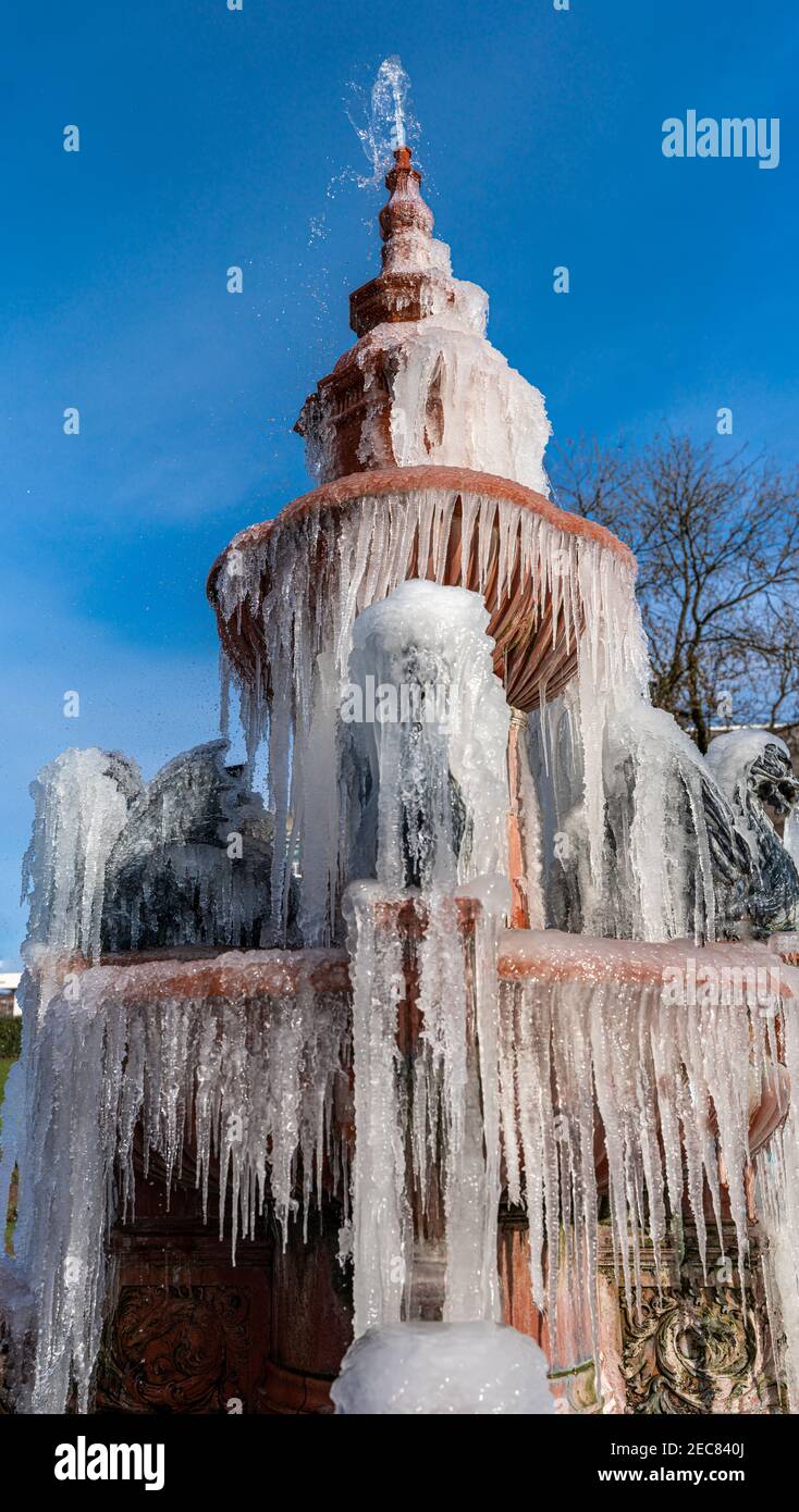 A frozen victorian fountain in Hanley Park, Stoke-on-Trent, UK Stock Photo