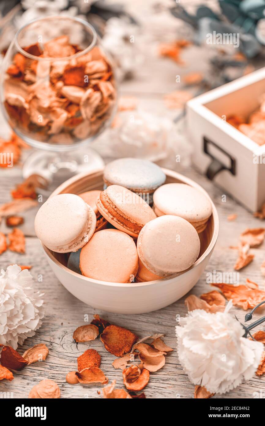 Sweet dessert concept. Home bakery. French dessert. Macaroons cookies Stock Photo