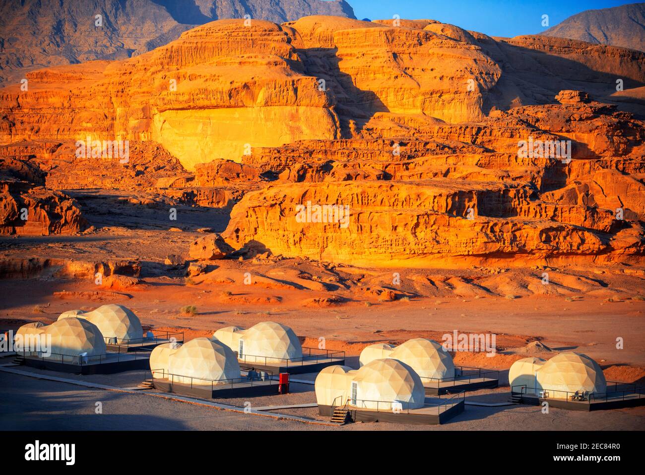 Mazayen Rum Camp bubble tents dome like hotel rooms in the style of Ridley Scott's The Martian film clustered together at SunCity camp in Wadi Rum Nat Stock Photo