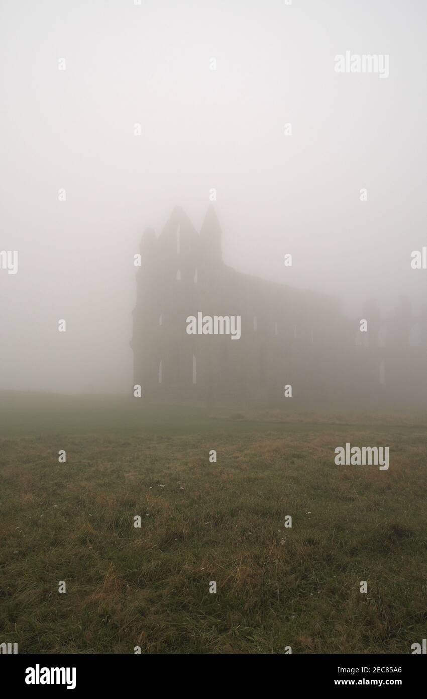 Ruins of Whitby Abbey on a misty day, Whitby, North Yorkshire, England, UK Stock Photo