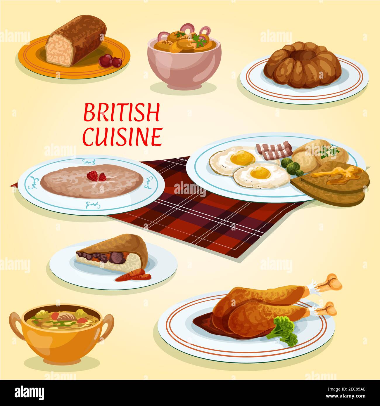 British cuisine icon with fried eggs and bacon, steak and kidney pie, turkey with cranberry sauce, pudding, oatmeal porridge, gingerbread cake, scotti Stock Vector