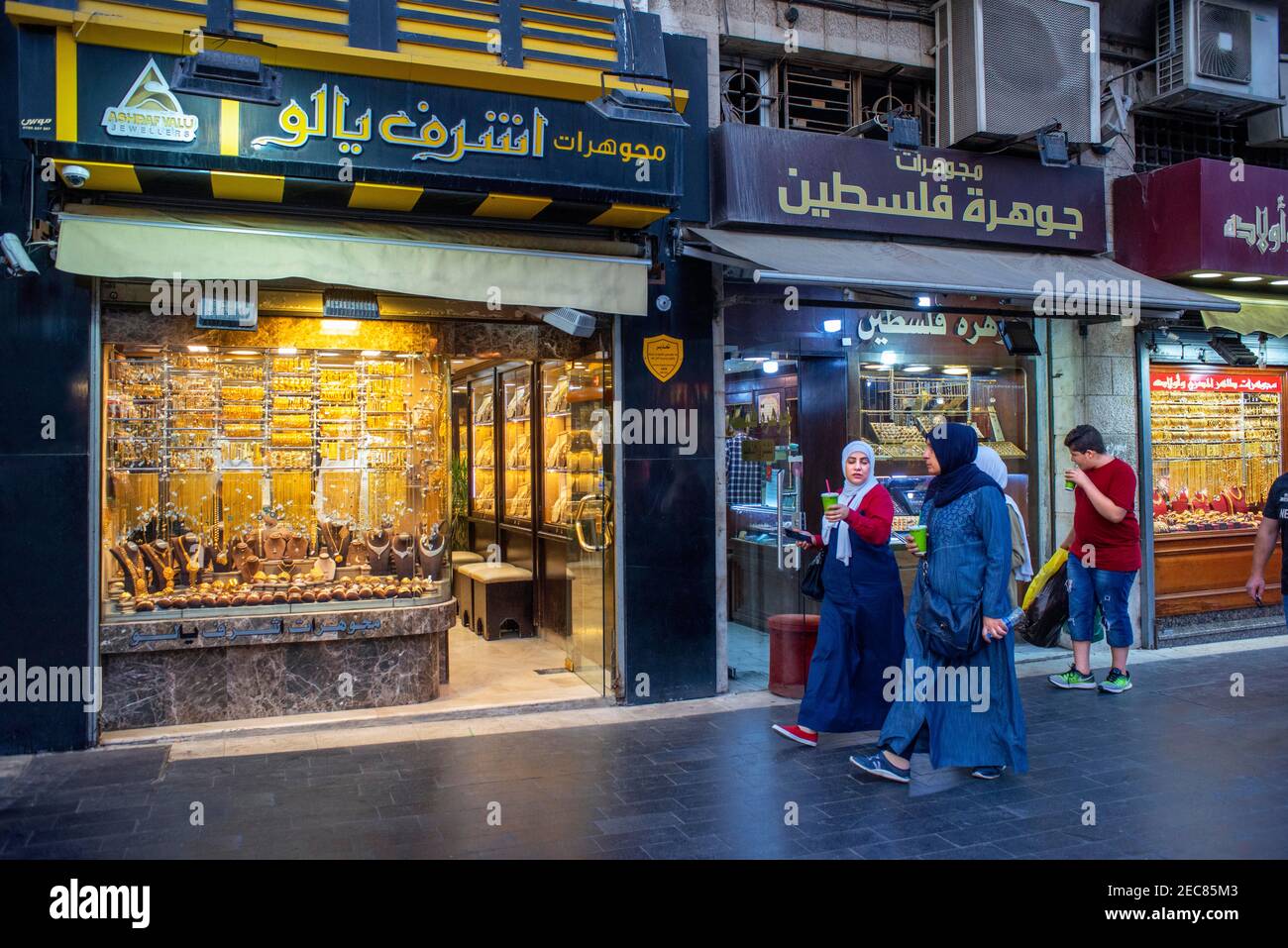 The Gold Souq in downtown Amman, Jordan. Gold Jewelry in shop window Gold Market Stock Photo