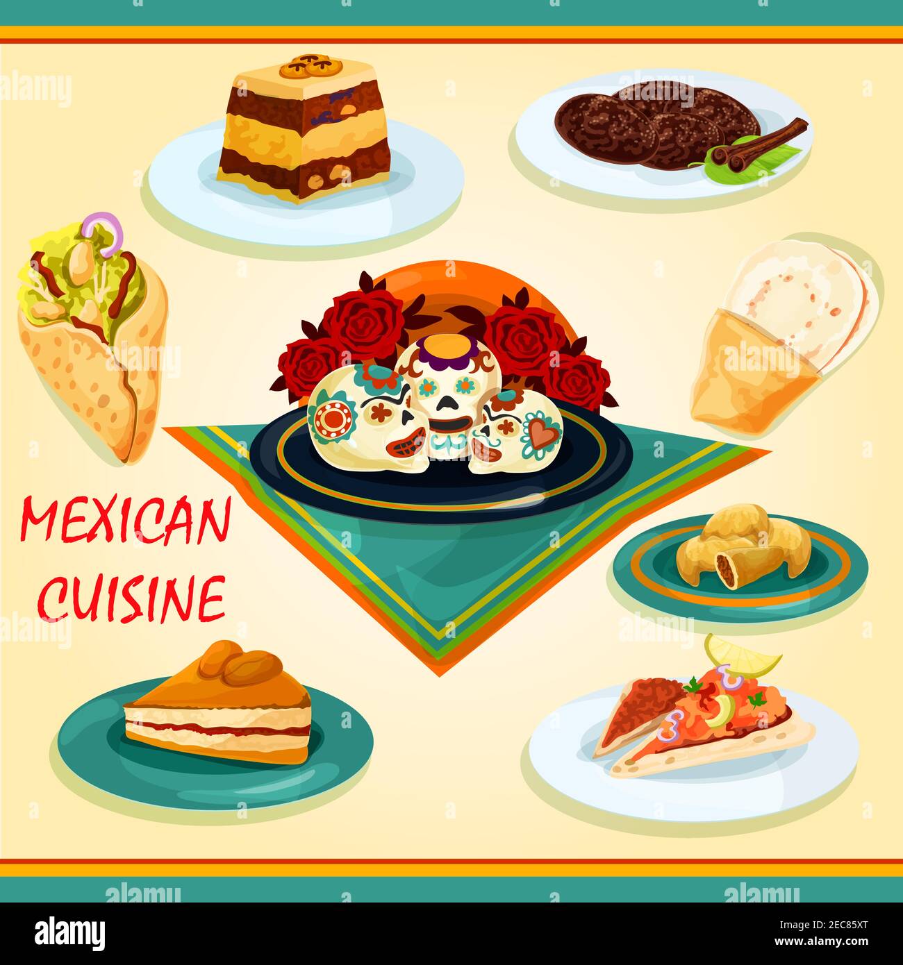 Mexican Cuisine Sandwiches And Desserts Icon With Nachos And Tomato Sauce Salsa Burrito Empanadas Bread Pudding Apricot Pie Spicy Chocolate Cooki Stock Vector Image Art Alamy