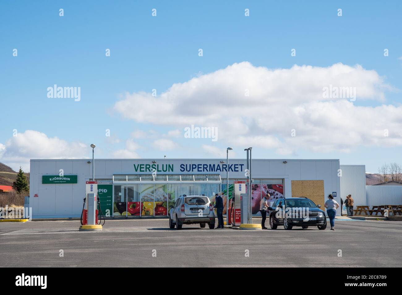 Myvatn Iceland - May 23. 2018: Kjorbuden Supermarket with tourist fueling their cars at Myvatn in Iceland Stock Photo