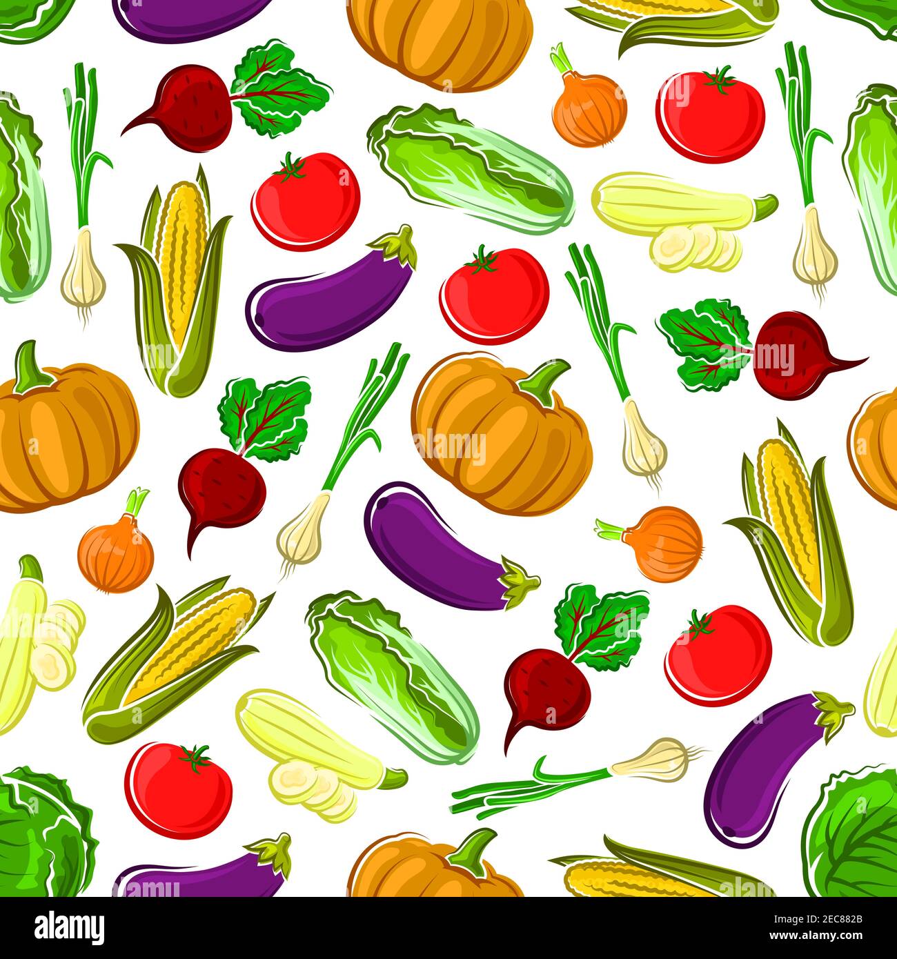 Ripe autumn vegetables seamless pattern background with tomato, onion, corn, eggplant, beet, zucchini, pumpkin and cabbage vegetables. Organic farming Stock Vector