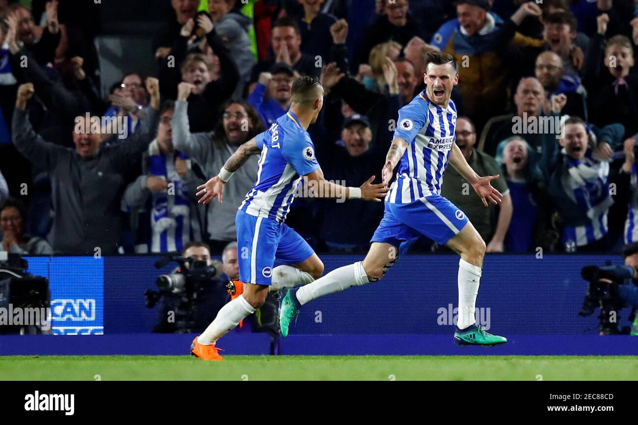 Soccer Football - Premier League - Brighton & Hove Albion v Manchester United - The American Express Community Stadium, Brighton, Britain - May 4, 2018   Brighton's Pascal Gross celebrates scoring their first goal with Anthony Knockaert    REUTERS/Eddie Keogh    EDITORIAL USE ONLY. No use with unauthorized audio, video, data, fixture lists, club/league logos or "live" services. Online in-match use limited to 75 images, no video emulation. No use in betting, games or single club/league/player publications.  Please contact your account representative for further details. Stock Photo