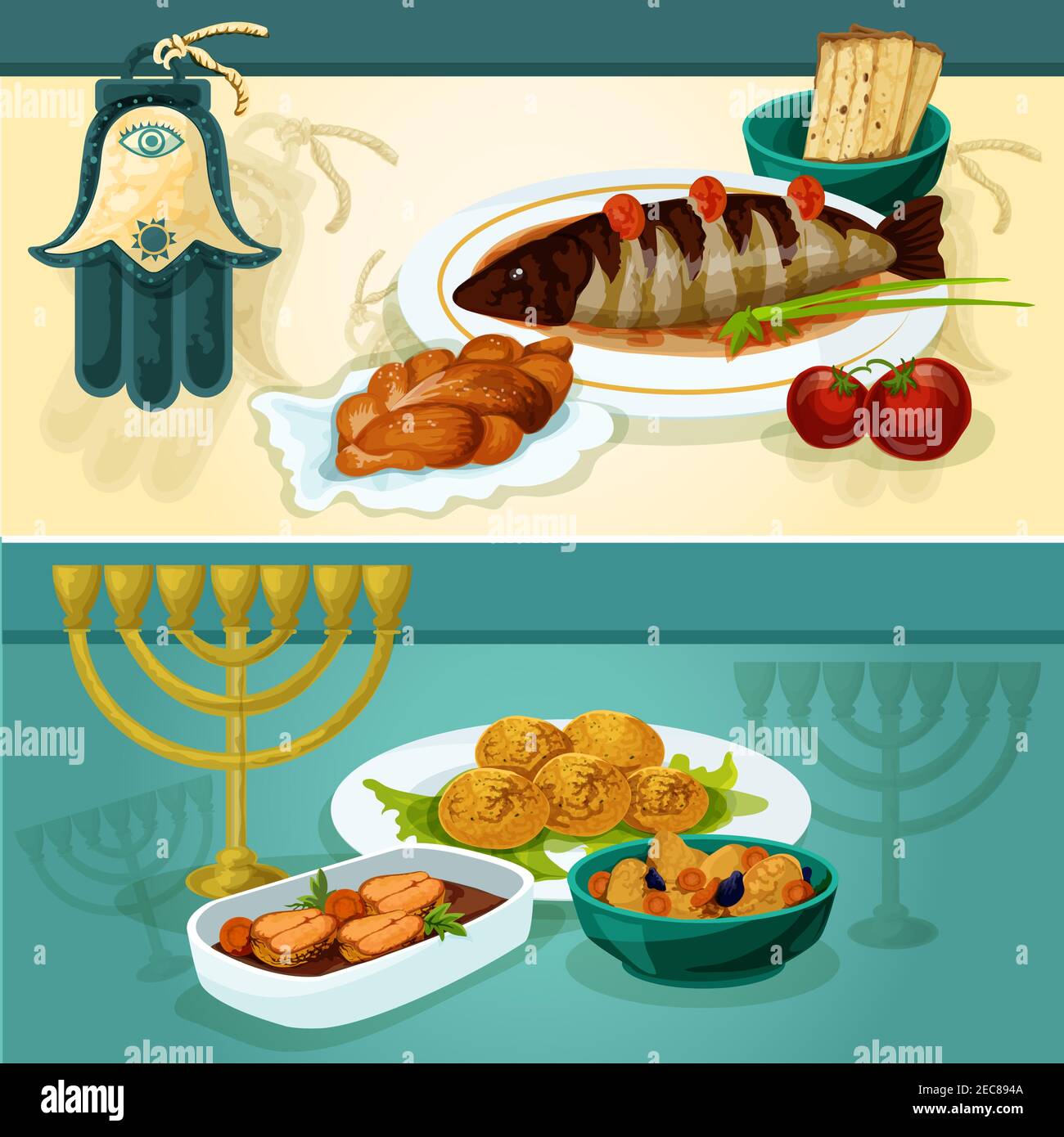 Jewish cuisine festive dinner banners with matzah and challah bread, gefilte fish, chickpea falafel, stuffed pike fish and lamb stew with hamsa hand a Stock Vector