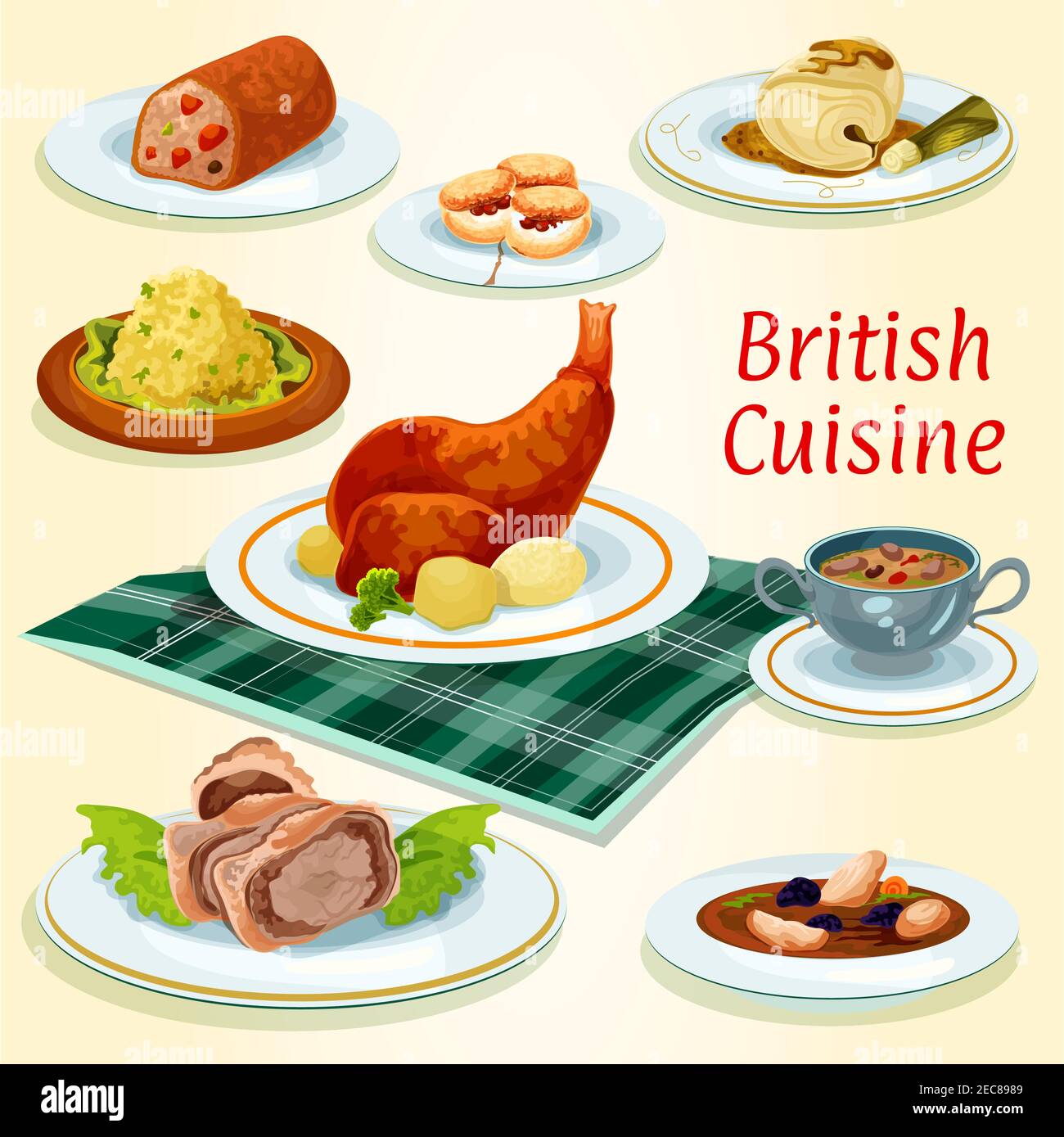 British cuisine popular dishes icon with beef wellington in pastry wrap, scottish chicken soup with prunes, rabbit with potato, fruit cake, kidney sou Stock Vector