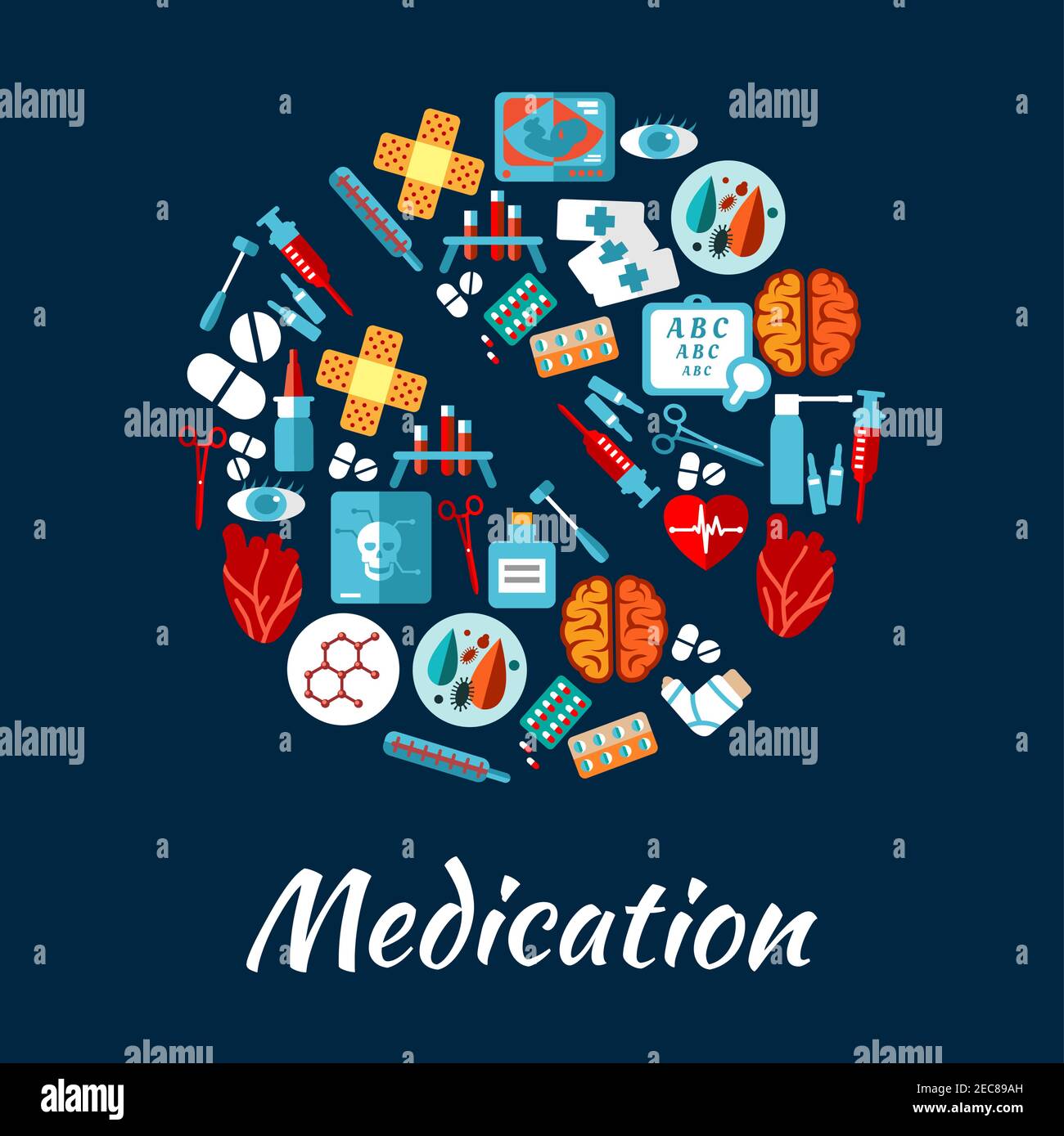 Medication and medical equipment icons in a shape of a pill with syringe, thermometer, drug, heart, brain, eye, blood test tube, skull x-ray, baby ult Stock Vector