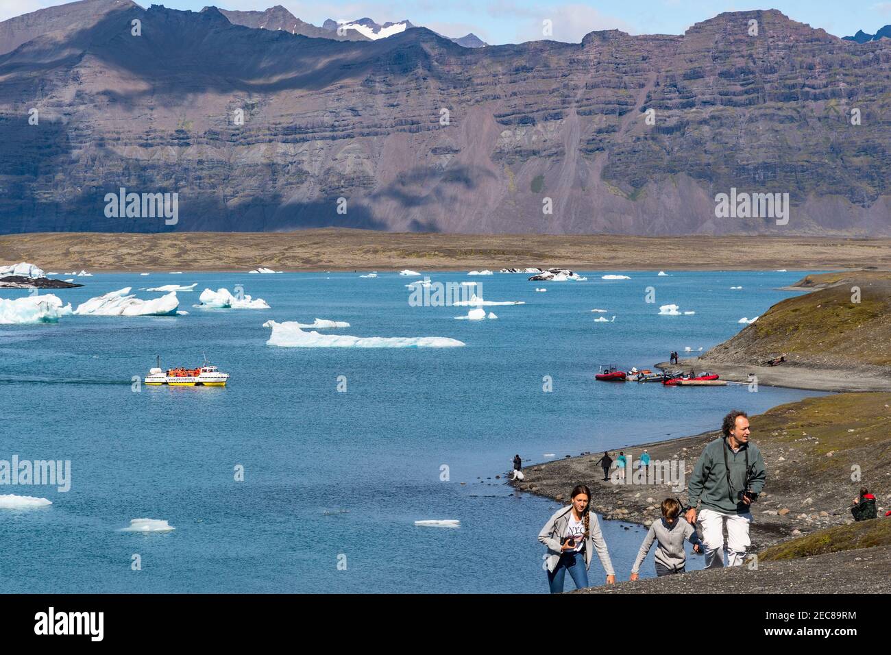 Jokulsarlon Iceland - August 18. 2018: Amphibious boat sailing at at Jokulsarlon Glacier Lagoon Stock Photo