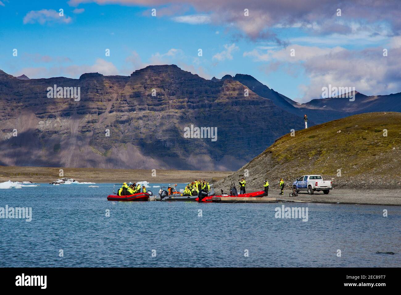 Jokulsarlon Iceland - August 18. 2018: Tourists going on a Zodiac tour at Jokulsarlon Glacier lagoon Stock Photo