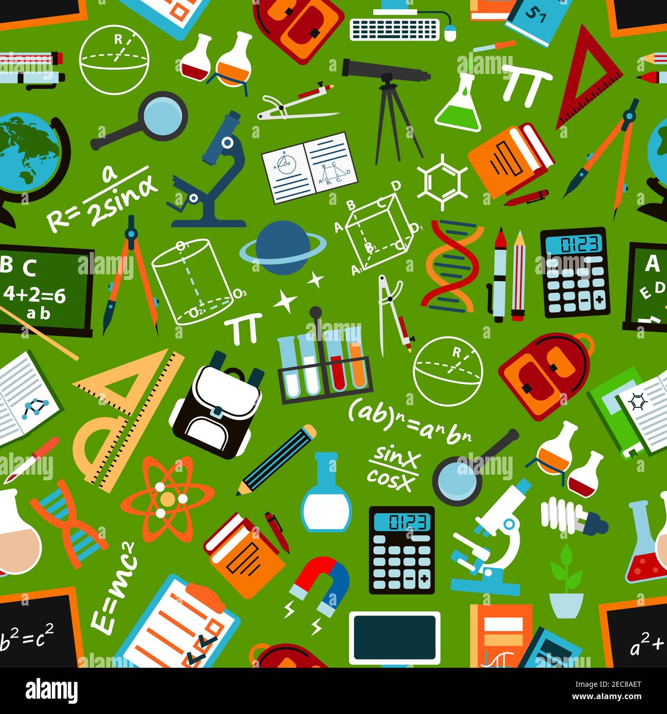 School, education and science background with seamless pattern of book,  pen, blackboard, calculator, globe, computer, microscope, laboratory flask,  te Stock Vector Image & Art - Alamy
