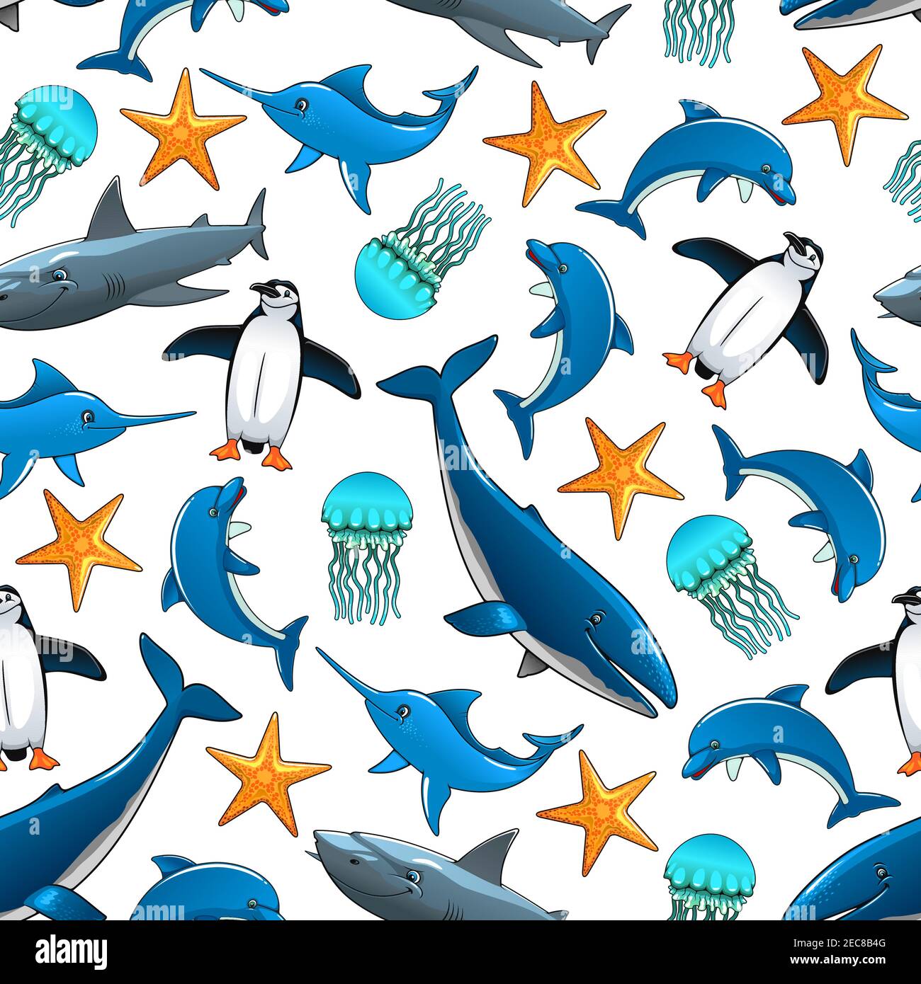 Ocean animals cartoon seamless background Vector pattern of dolphin  penguin shark whale starfish swordfish jellyfish Wallpaper for  children ro Stock Vector Image  Art  Alamy