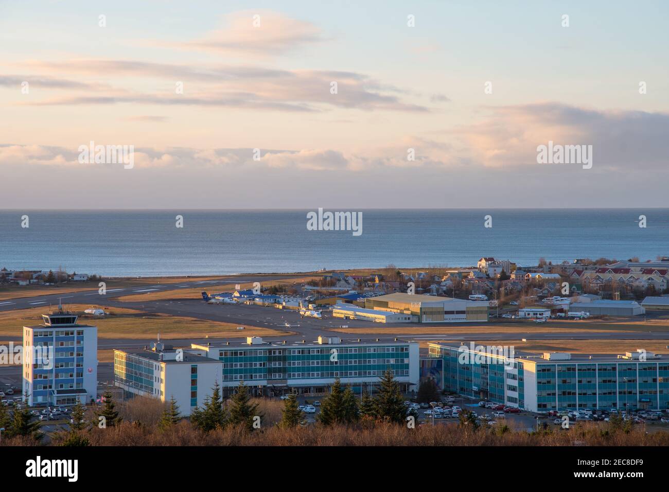 Reykjavik Iceland - October 26. 2018: View over Reykjavik airport and Icelandair Hotel Natura Stock Photo