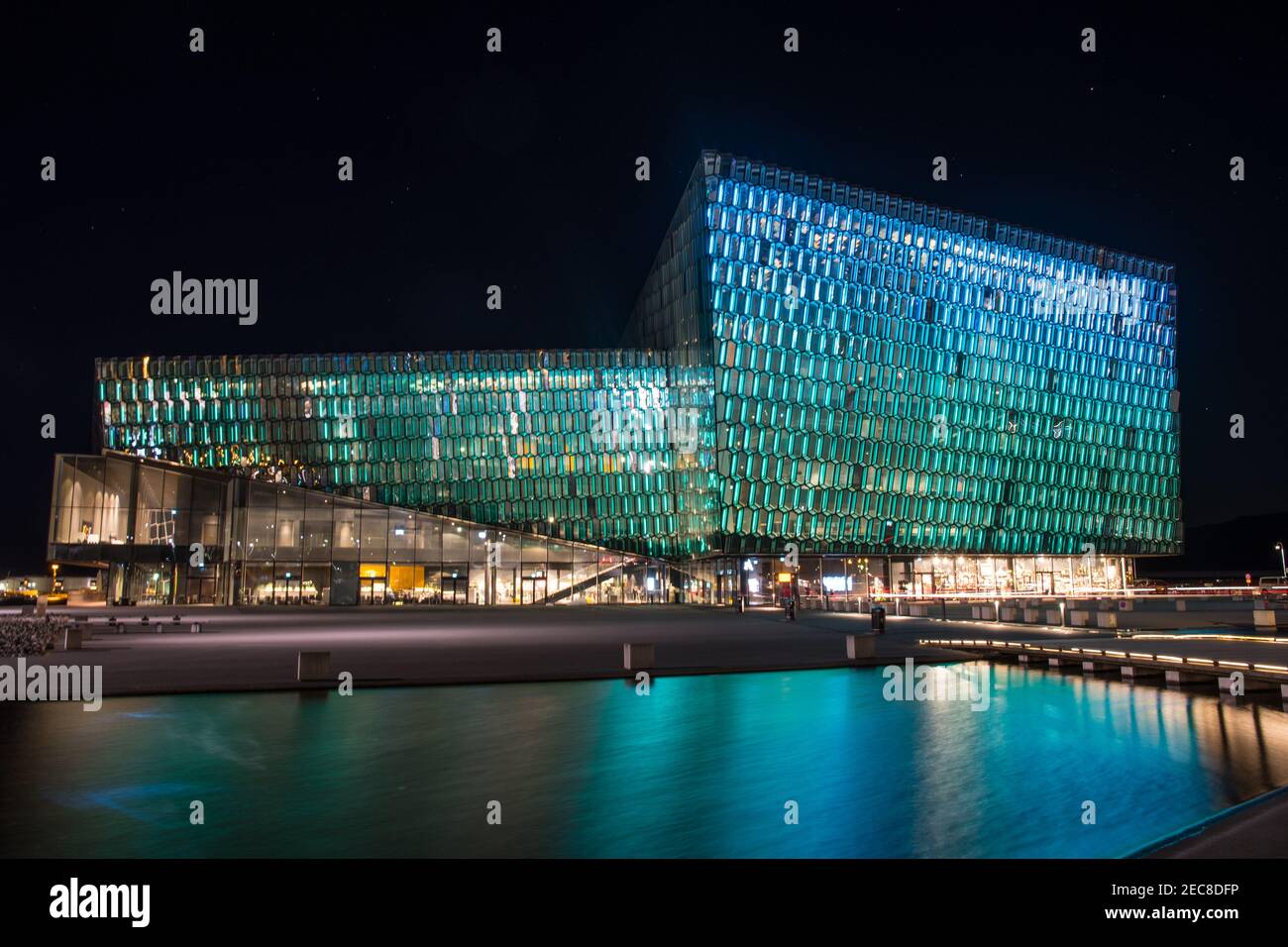 Reykjavik Iceland - Oktober 26. 2018: Concert hal Harpa in the evening with green and blue light Stock Photo