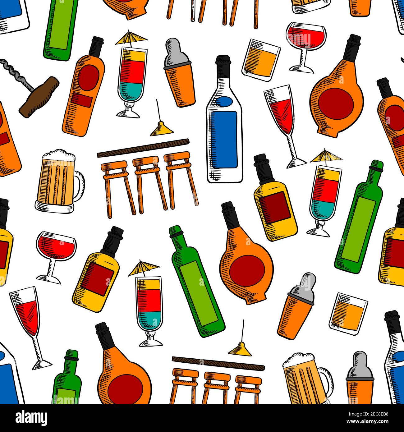 Bar cocktails and alcoholic drinks seamless pattern with wine, beer