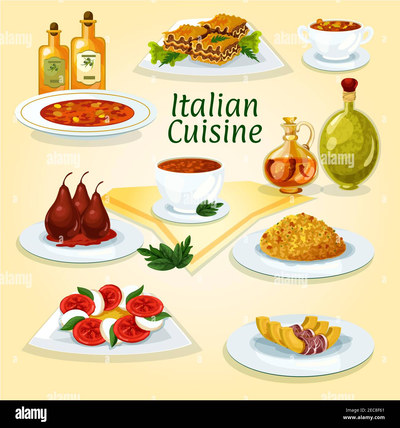 Italian cuisine traditional risotto icon served with lasagna, tomato and mozzarella salad caprese, spicy tomato soup, pasta soup minestrone, pumpkin w Stock Vector