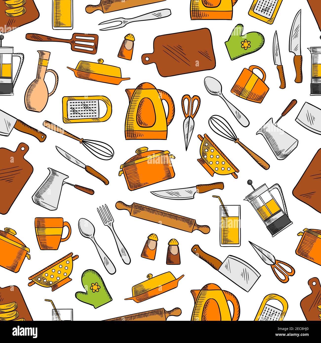 Kitchen utensils and appliances seamless pattern with spoon, knife