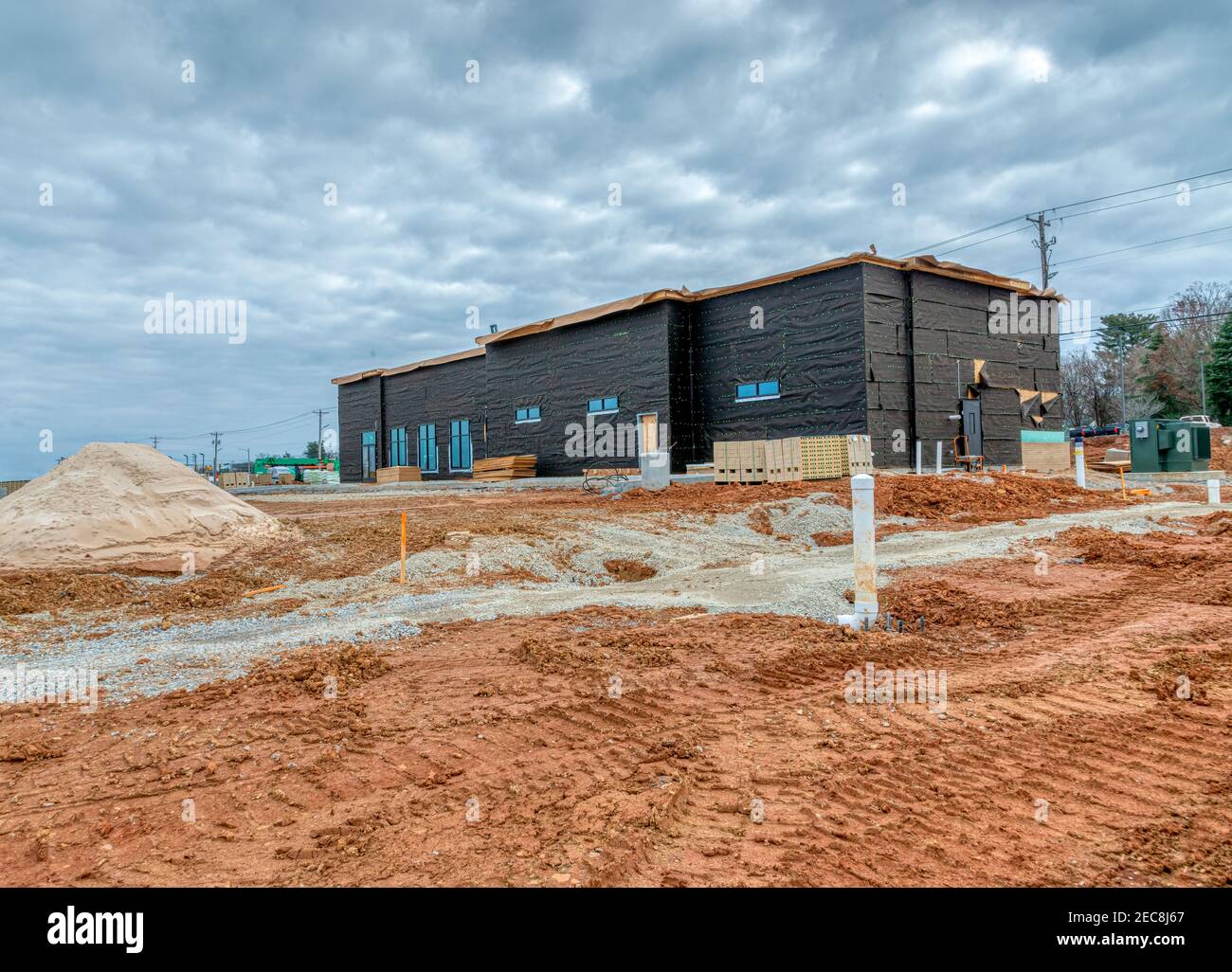 Horizontal shot of a new fast food restaurant under construction Stock