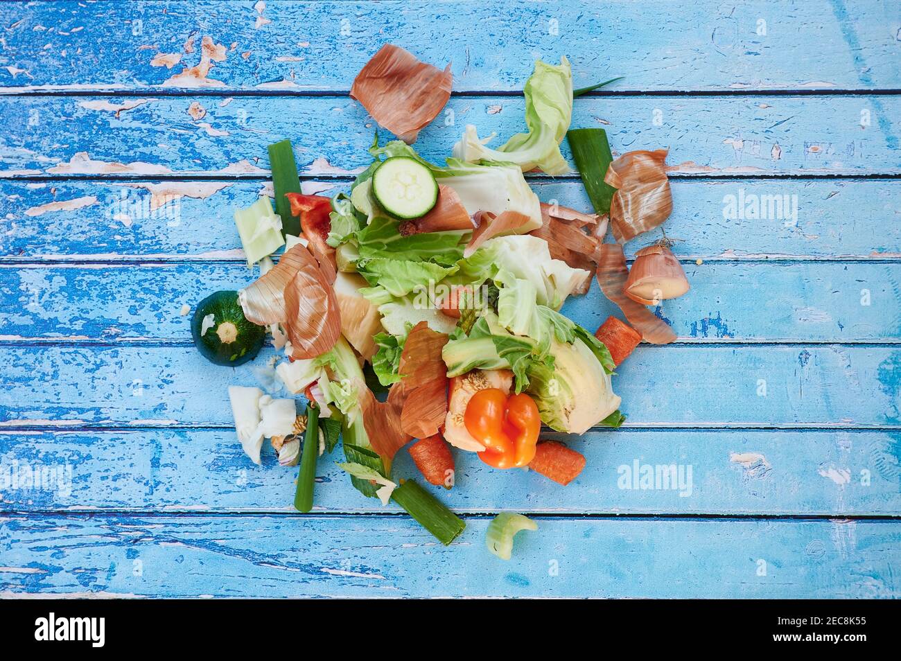 organic waste from vegetables on blue background, view from top Stock Photo