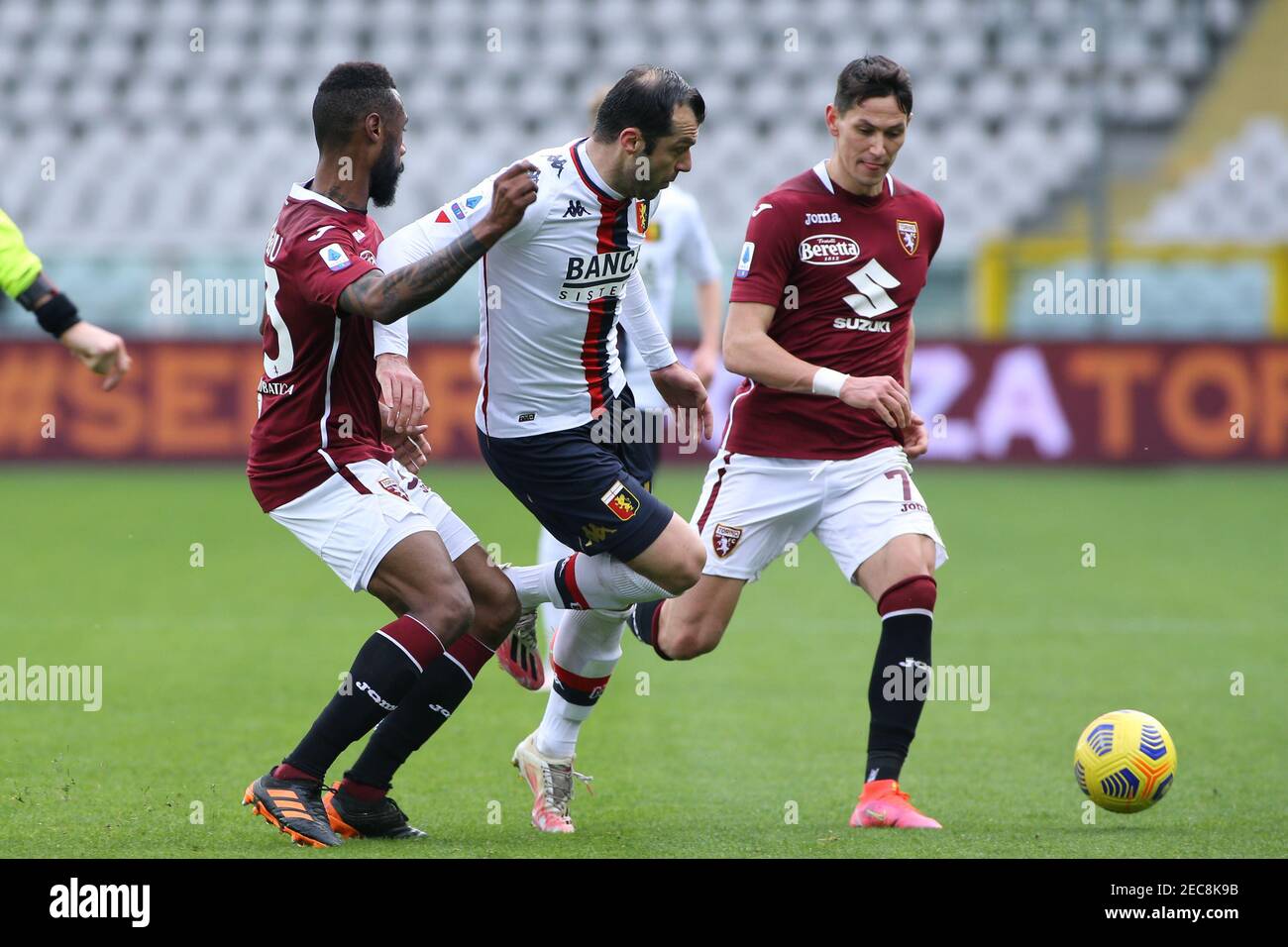 Turin Italy 13th Feb 2021 2 13 2021 Goran Pandev Cfc Genoa Between Armando Izzo And Rolando Mandragora Torino Fc During Torino Fc Vs Genoa Cfc Italian Football Serie A Match In Turin