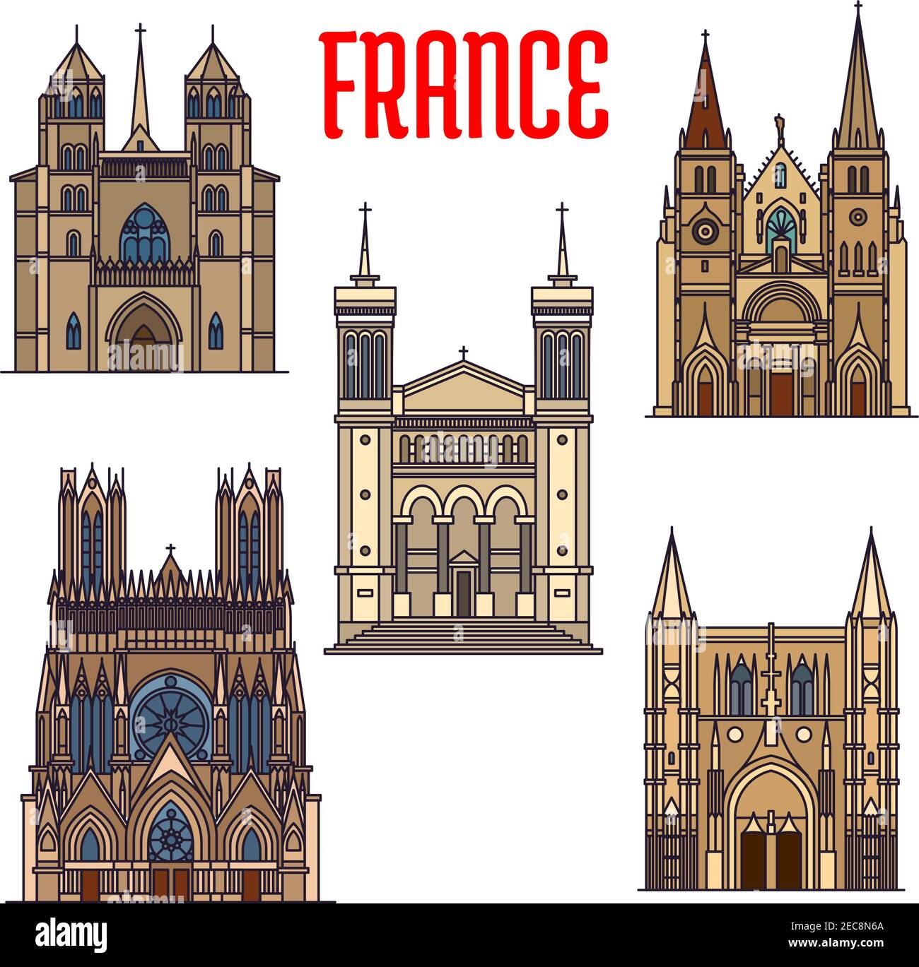 Travel landmarks of french gothic architecture icon with linear Church of Saint-Nizier, Basilique de Fourviere, Reims Cathedral, roman catholic Dijon Stock Vector