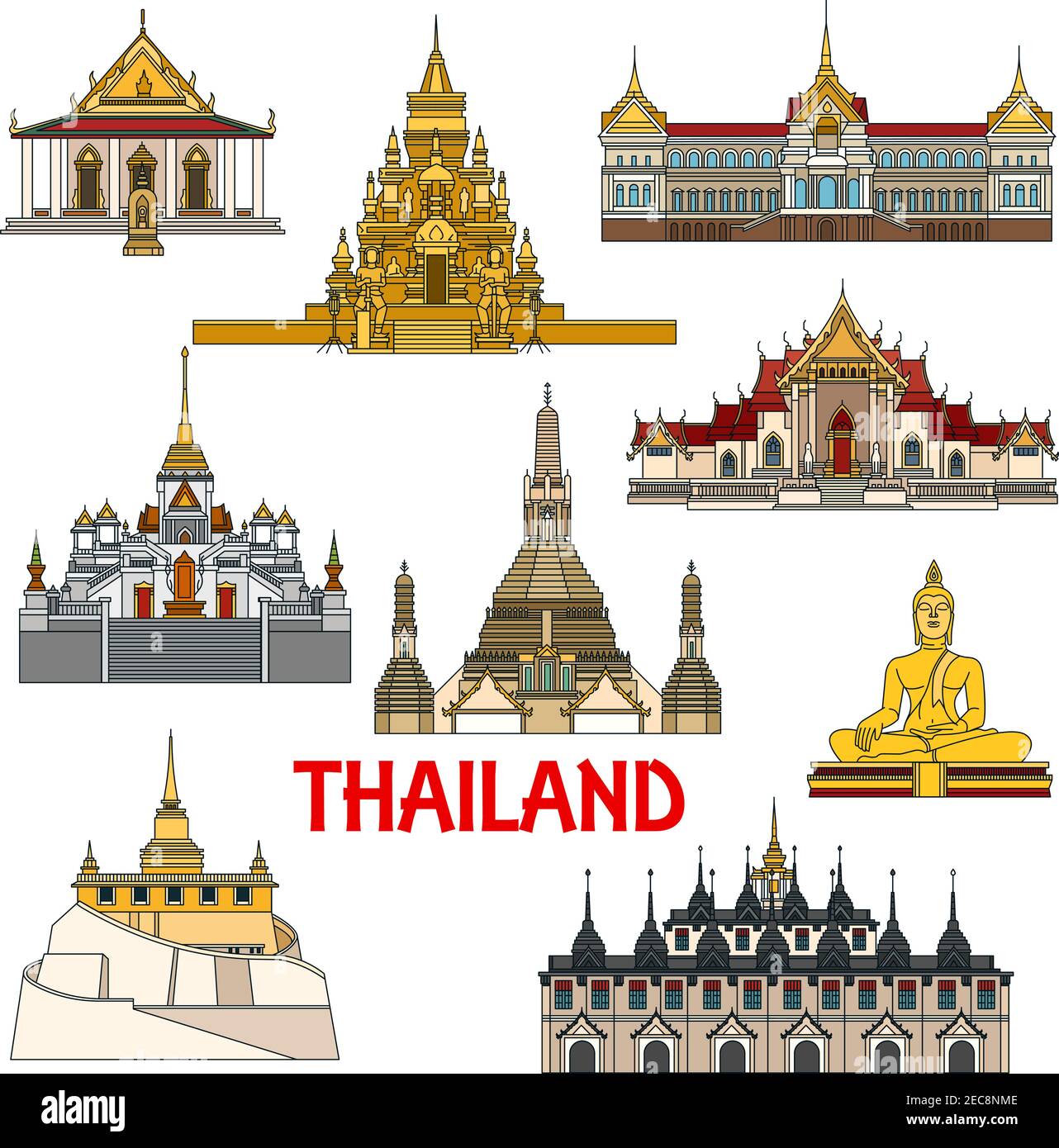 Historic sightseeings and architecture buildings of Thailand. Vector detailed icons of Thai palaces, buddha temples, pagodas. Ratchanadda, Benchamabop Stock Vector